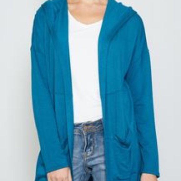 Blue Long Sleeve Open Front Hooded Cardigan - Picture 2 of 4